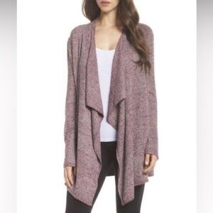 Softies Long Sleeve Open Front Hi-Lo Knit Duster in Taupe with Waterfall Collar